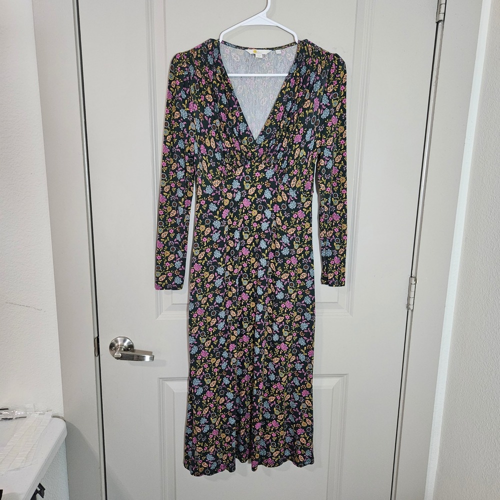 Boden Women Floral V-Neck Long Sleeve Midi Dress Multi-Color Petite 2P
